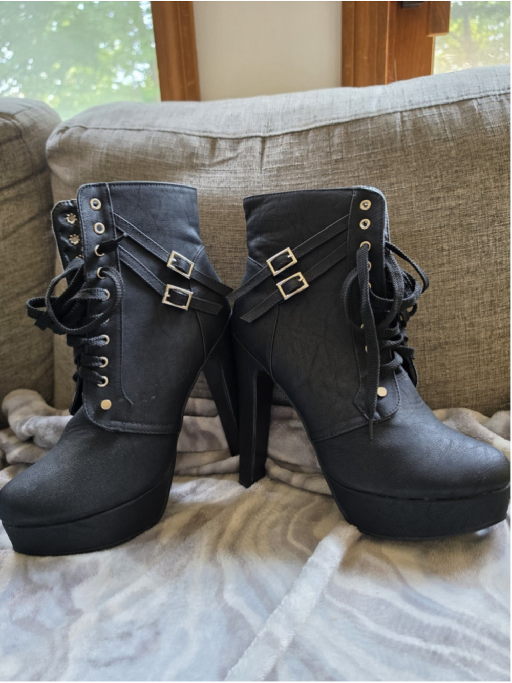 Goth Punk Black Platform Ankle Boots Lace Up Buckle High 5.5" Heel 11/11.5